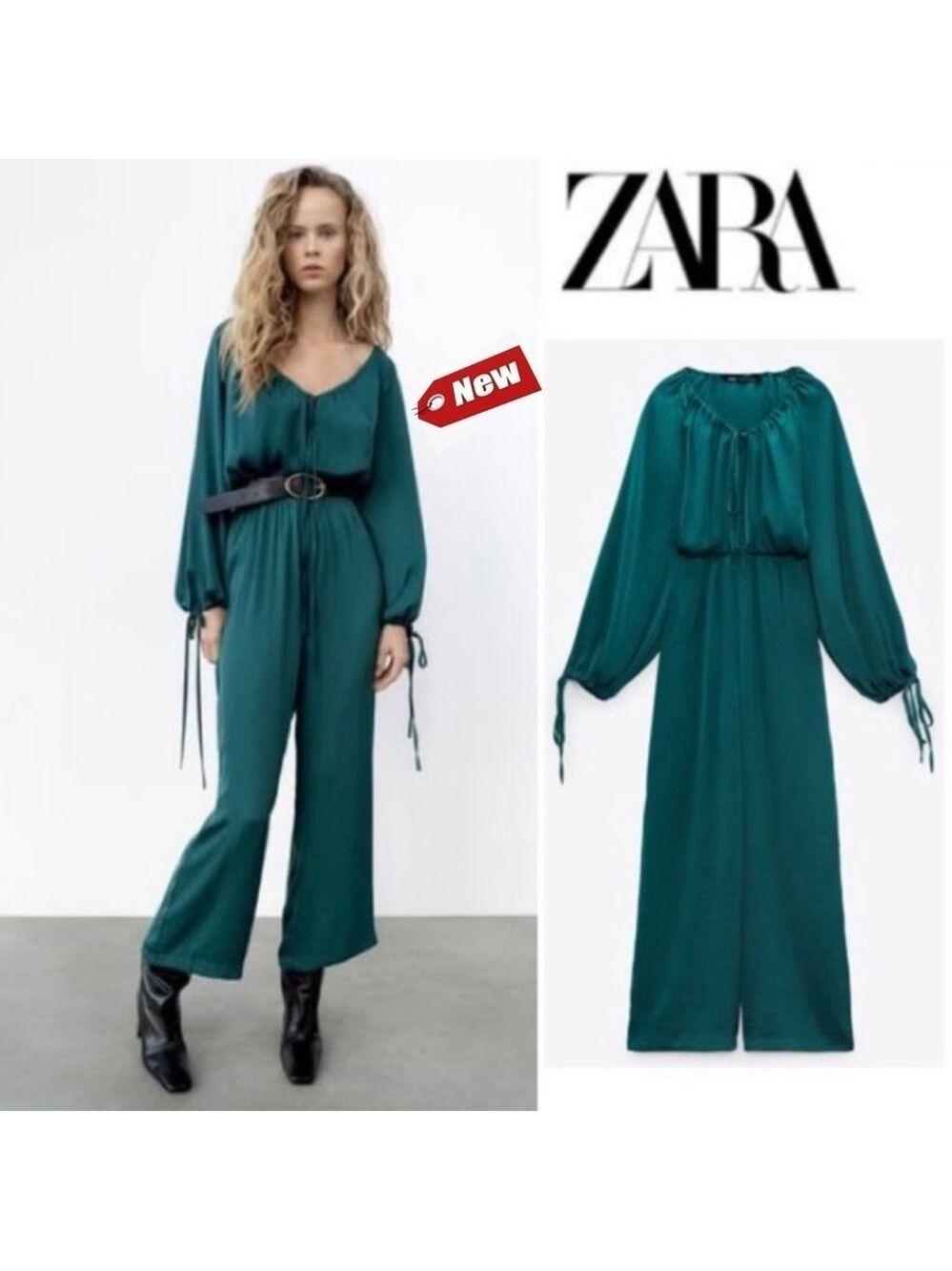 ZARA DARK TEAL AQUAMARINE SATIN EFFECT V-NECK LONG SLEEVE JUMPSUIT Sz S NWT